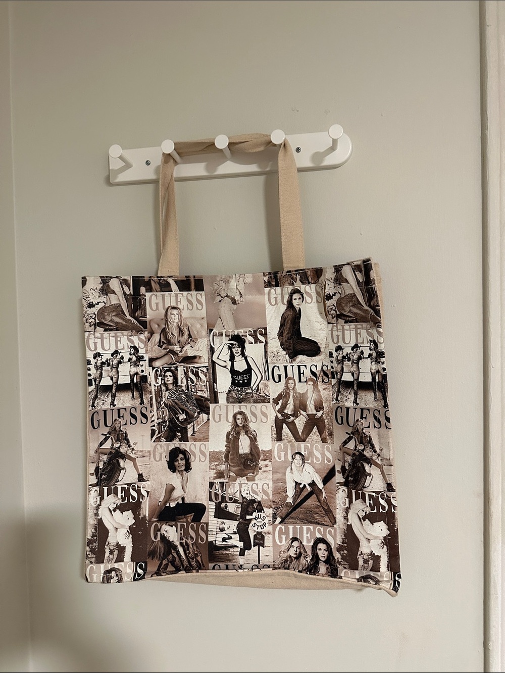 GUESS Beige and Brown Photo-Collage Canvas Tote